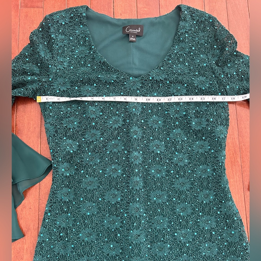 Connected Apparel Emerald Green Long Sleeve Sequin Lace Dress Size 6 - Picture 7 of 8
